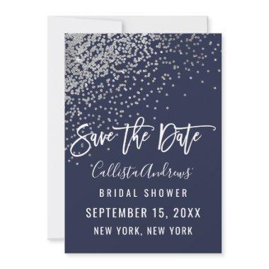 Elegant Navy Silver Glitter Confetti Bridal Shower Save The Date