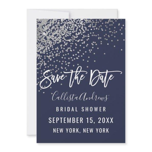 Elegant Navy Silver Glitter Confetti Bridal Shower Save The Date