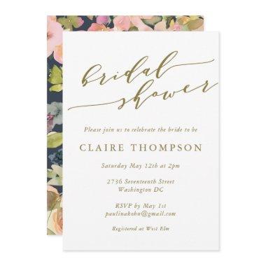 Elegant Navy Watercolor Floral Gold Bridal Shower Invitations