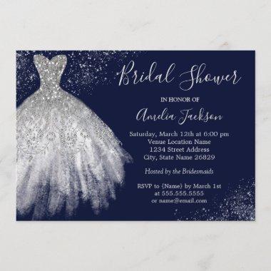 Elegant Navy Wedding Gown Bridal Shower Invitations