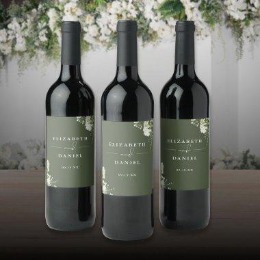 Elegant Olive Green Floral Greenery Wedding Wine Label