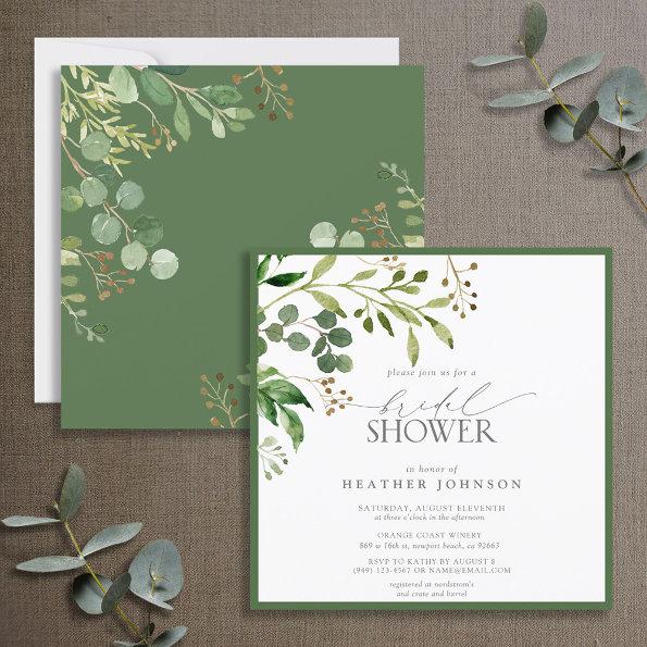 Elegant Olive Green Watercolor Bridal Shower Invitations