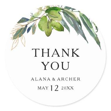 Elegant Olive Greenery Thank You Wedding Favor Classic Round Sticker