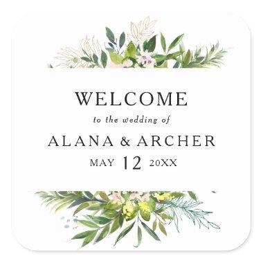 Elegant Olive Greenery Wedding Welcome Square Sticker