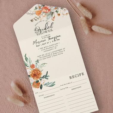 Elegant Orange Floral Bridal Shower & Recipe All In One Invitations