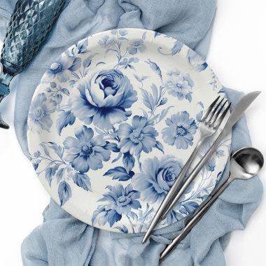 Elegant Pastel Blue Watercolor Roses Paper Plates