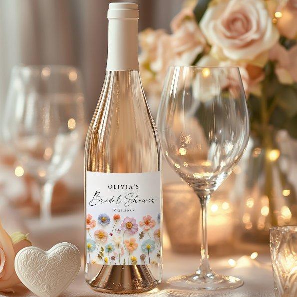Elegant Pastel Pink Boho Wildflower  Sparkling Wine Label