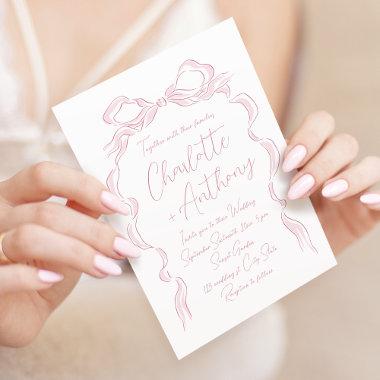 Elegant Pastel Pink Hand Drawn Bow Wedding Invitations