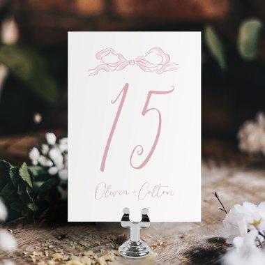 Elegant Pastel Pink Hand Drawn Bow Wedding Table Number