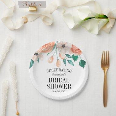 Elegant Peach Floral  Personalized Paper Plates