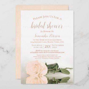 Elegant Peach Rose with Rose Gold Bridal Shower Foil Invitations