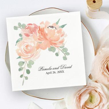 Elegant Peach Watercolor Floral Wedding Napkins