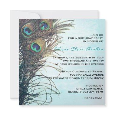 Elegant Peacock Feathers Birthday Party Invite