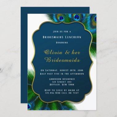 Elegant Peacock Feathers Gold Bridesmaids Luncheon Invitations