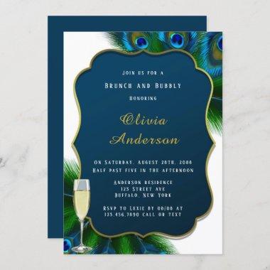 Elegant Peacock Feathers Gold Brunch & Bubbly Invitations
