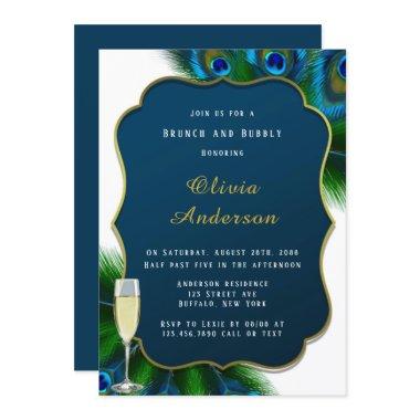 Elegant Peacock Feathers Gold Brunch & Bubbly Invitations