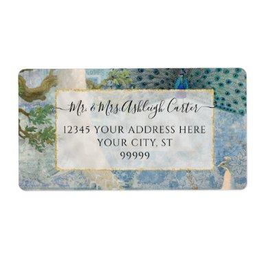 Elegant Peacock Feathers White Blue Gold Wedding Label