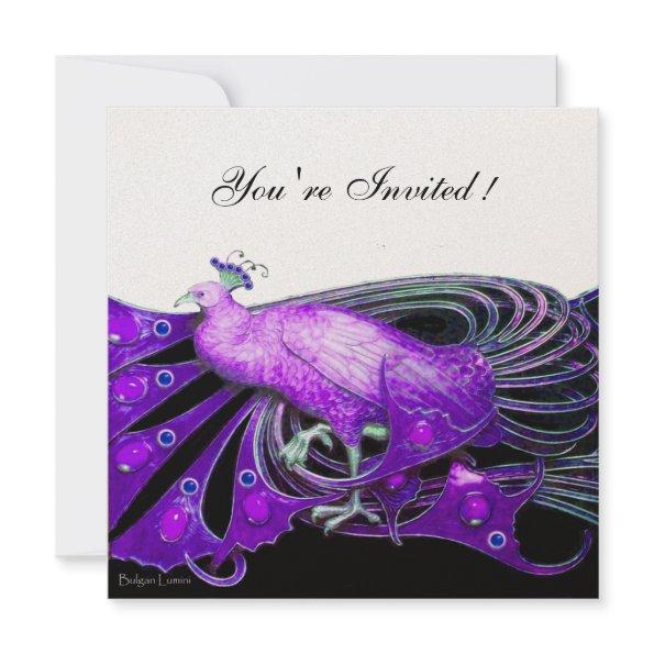 ELEGANT PEACOCK IN PURPLE BLACK Metallic Invitations