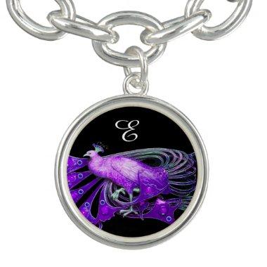 ELEGANT PEACOCK IN PURPLE,BLACK MONOGRAM GEM CHARM BRACELET