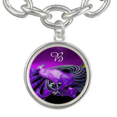 ELEGANT PEACOCK IN PURPLE,BLACK MONOGRAM GEM CHARM BRACELET