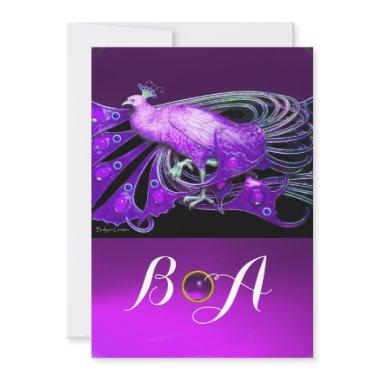 ELEGANT PEACOCK IN PURPLE,BLACK WEDDING MONOGRAM Invitations