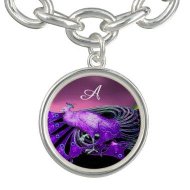 ELEGANT PEACOCK IN PURPLE,PINK BLACK MONOGRAM GEM CHARM BRACELET