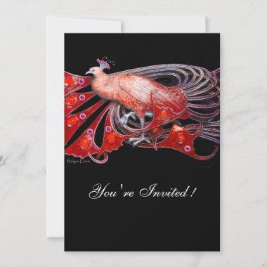 ELEGANT PEACOCK IN RED AND BLACK WEDDING PARTY Invitations