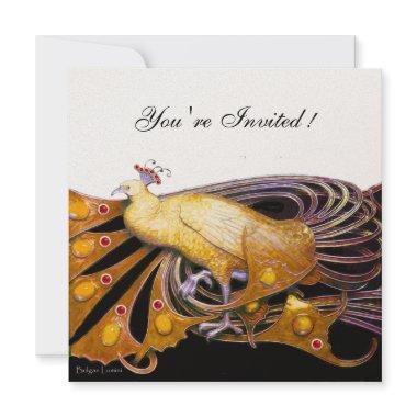 ELEGANT PEACOCK IN YELLOW BLACK AND GOLD Metallic Invitations