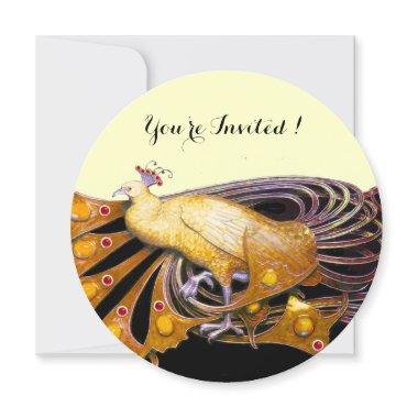 ELEGANT PEACOCK IN YELLOW BLACK CREAM CIRCLE Invitations