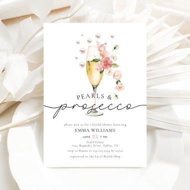 Elegant Pearls and Prosecco Pink Bridal Shower Invitations