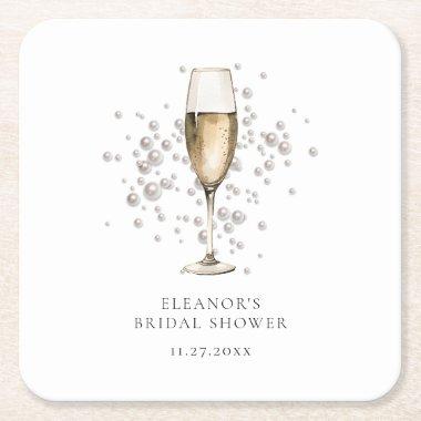 Elegant Pearls & Prosecco Bridal Shower Square Paper Coaster