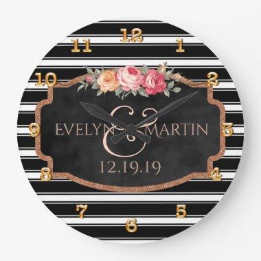 Elegant Personalized Black Rose Gold Wedding Large Clock