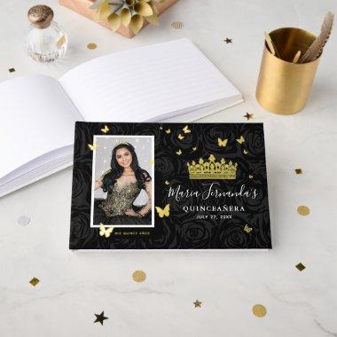 Elegant Photo and Real Gold Foil Black Quinceanera Foil Guest Book