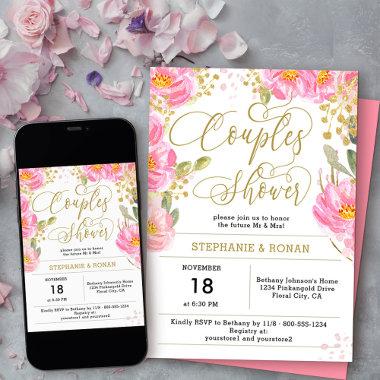 Elegant Pink and Gold Floral Couples Shower Invitations