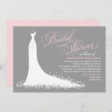 Elegant Pink and Gray Wedding Gown Bridal Shower Invitations