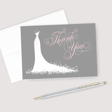 Elegant Pink and Gray Wedding Gown Bridal Shower Thank You Invitations