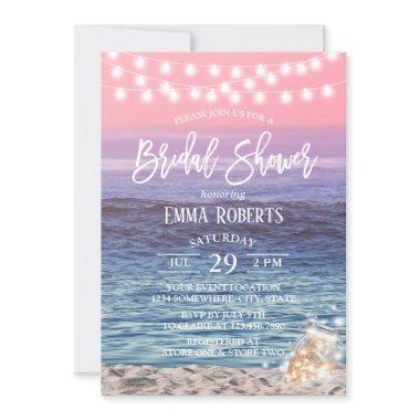 Elegant Pink Beach Mason Jar Lights Bridal Shower Invitations