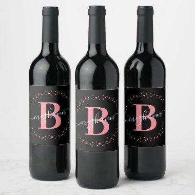Elegant Pink Black Name Monogrammed Script Wine Label