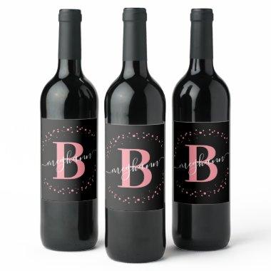 Elegant Pink Black Name Monogrammed Script Wine Label