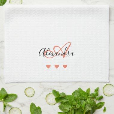 Elegant Pink Black Script Name Monogram Kitchen Towel
