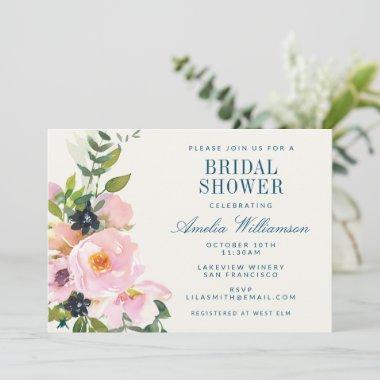 Elegant Pink Blue Floral Watercolor Bridal Shower Invitations