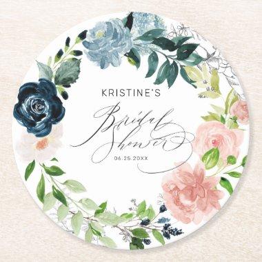 Elegant Pink Blue Rose Floral Wreath Bridal Shower Round Paper Coaster
