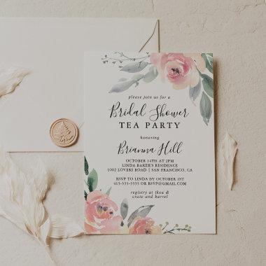Elegant Pink Blush Floral Bridal Shower Tea Party Invitations