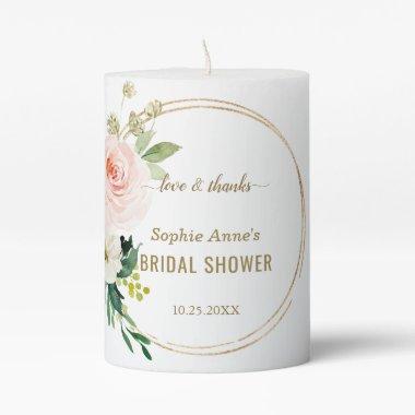 Elegant Pink Blush Floral Gold Bridal Shower Pillar Candle