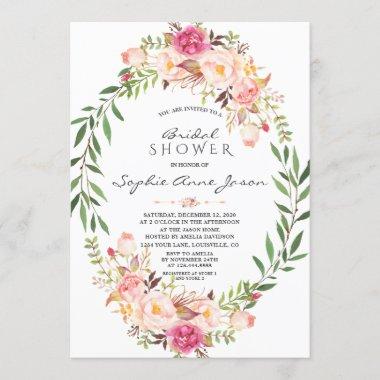 Elegant Pink Blush Floral Wreath Bridal Shower Invitations