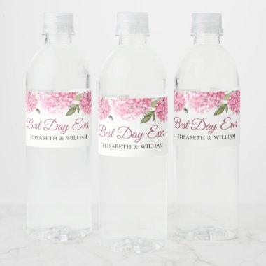 Elegant Pink Blush Hydrangea Eucalyptus Wedding Water Bottle Label
