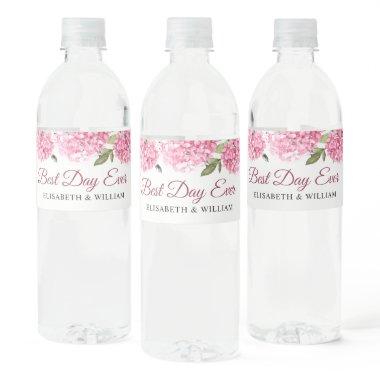 Elegant Pink Blush Hydrangea Eucalyptus Wedding Water Bottle Label