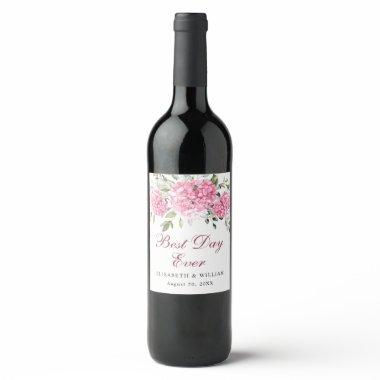 Elegant Pink Blush Hydrangea Eucalyptus Wedding Wine Label