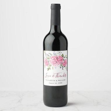 Elegant Pink Blush Hydrangea Eucalyptus Wedding Wine Label