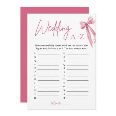 Elegant Pink Bow Wedding A-Z Bridal Shower Game Invitations